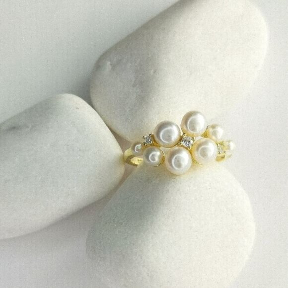 NEW cultured white pearl cz ring in 14k Gold overlay size 8 - Picture 2 of 7